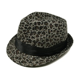 TrendsBlue Animal Print Ribbon Band Fedora Straw Hat, Gray & Black Leopard
