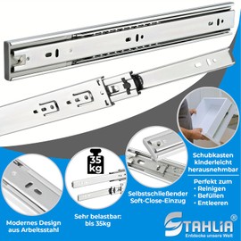Drawer Runners, Pack of 2, Full Extension, with Self-Closing & Cushioning (Soft Close), Roller Extension, Telescopic Rail, H: 45 mm, L: 300 mm, Load Capacity 35 kg/Pair, Ball Bearings with Steel Cage