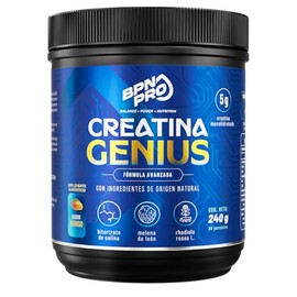 Creatina Monohidratada BPN PRO Genius 5g en Polvo Sabor Mango 240g 30 Porciones con Melena de León Rhodiola y Magnesio Vegana Sin Gluten