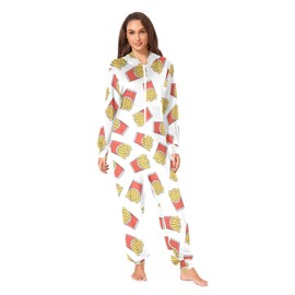Vozoza Onesies for Women Fast Food French Fries Adult Onesies with Pocket Warm Pajamas Long Sleeve Jumpsuits Sleepwear Costumes, M