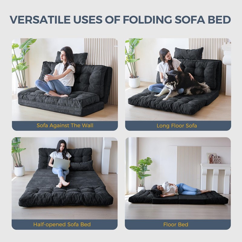 MAXYOYO Folding Sofa Bed, Tufted Bean Bag Bed with Pillows