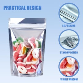 100 Pcs 6"X9" Resealable Mylar Bags for Food Storage Clear Front Stand Up Pouch Bags with Label Stickers Party Favor Bags for Small Business Packaging