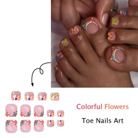 Colorful Flower French Tip Press on Toenails Square Fake Toe Nails Summer Floral False Toenails Glossy Acrylic Toe Nails Reusable Full Cover Artificial Toenails for Coquette Women 24Pcs