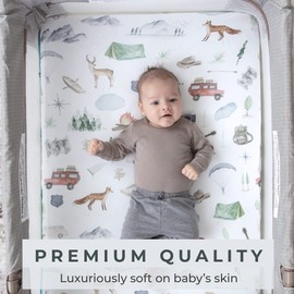 Pobibaby - 2 Pack Premium Pack N Play Sheets Fitted for Standard Pack and Plays and Mini Cribs - Ultra-Soft Cotton Blend, Stylish Woodland Pattern, Safe and Snug for Baby (Explore)