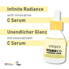 Vitayes Vitamin C 10% + Panthenol Serum, Highly Effective Skin Rejuvenation, Anti-Wrinkle, Whitening, Moisturising, Skin Care, Beauty Booster, Face Serum for Radiant Skin