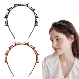 Double Bangs Hairstyle Hairpin,2 Pack Hairpin Headband Twist Clip Headband with Toothed Headband Braid Tool Hair Band With Clips for Girls Women Fashion Hair Accessories(Black and Brown)