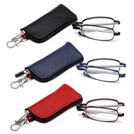 OWTXIS 3 Pack Folding Reading Glasses for Men Women, Keychain Compact Readers Blue Light Portable Pocket Eyeglasses (Black, Blue, Red, +3.50)