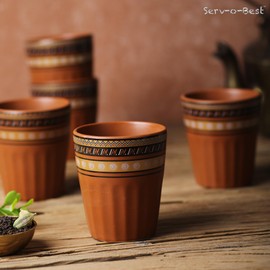 Handmade Ceramic Tea Cups Set – 6 Desi Kulhad Chai/Coffee Cups (5 oz Capacity), Lead-Free, Dishwasher & Microwave Safe, Glazed, Glossy finish Clay Tea Cups/kulhar/kullar - Brown Rangoli desgin
