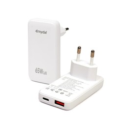 USB-C Charger, 65W GaN Power Supply with Flip Plug, Dual Port Fast Charger for Laptops, Tablets, Mobile Phones