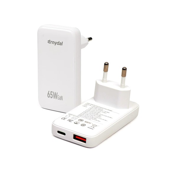 USB-C Charger, 65W GaN Power Supply with Flip Plug, Dual
