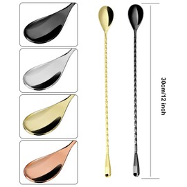 4 piezas cuchara de cóctel cuchara agitadora cuchara de mango largo de acero inoxidable con patrón en espiral para mezclar cócteles, 12 pulgadas, 4 colores (plata, oro, oro rosa, negro)