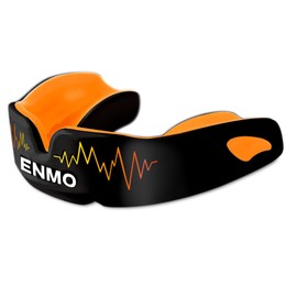 Enmo Maxilla Pro Gum Shield - Adult & Junior 10+ Mouth Guard with Case for Rugby, Boxing, Hockey and Contact Sports - Mouthguard with Boil & Bite, Breathing Channel Tech, Triple Layer - Black/Orange