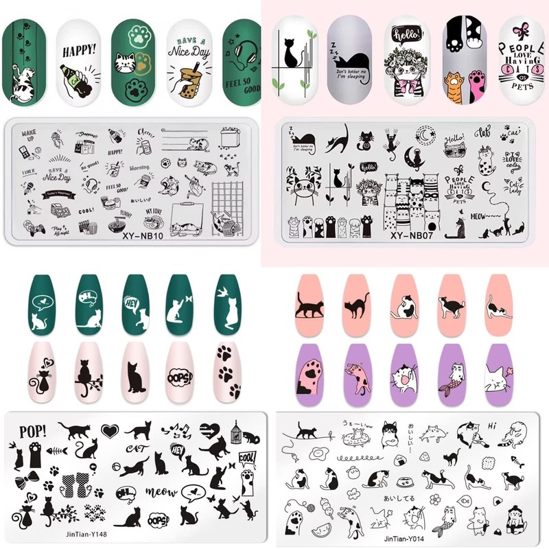 RUNRAYAY 4pcs Cute Cats Nail Art Stamping Plates Set, Animals