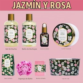 Cesta de regalo para mujeres - Juego de 8 piezas de belleza y cuidado personal de rosas y jazmín - Paquete de relajación y mimos para el baño en casa 