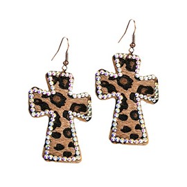 Vintage Lightweight Leather Cross Dangle Drop Earrings Crystal Rhinestone Leopard Print Statement Earrings for Women Retro Boho Jewelry-coffee