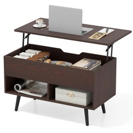 Tangkula Lift Top Coffee Table, Modern Cocktail Table with Hidden Compartment & 2 Open Shelves, Flip Top Center Table, Wooden Pull up Coffee Table for Living Room, Reception Room, Office (Brown)