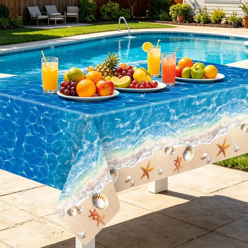 Herytem 3-Piece 54 x 108 Inch Summer Beach Plastic Tablecloth