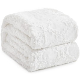 KAWAHOME Faux Fur Blanket Queen Size Winter Ultra Luxury Soft Cozy Warm Fluffy Plush Faux Rabbit Fur Blankets Quatrefoil Pattern for Couch Sofa Bed, 90" X 90" White