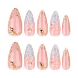 Gradient Press on Nails 3D Golden False Nails Full Cover Stick on Nails Golden Embossed Fake Nails Short Almond Acrylic Nails for Women Nails Manicure Decoration 24 Pcs