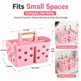 Pink Portable Shower Caddy with Wooden Handle, Plastic Shower Basket Organizer with Drainage Holes & 3 Compartments, Dorm Shower Caddy for College Students, Bathroom, Gym, Camping Toiletry Storage
