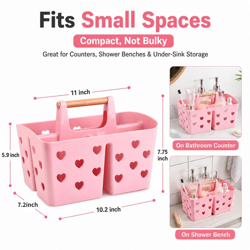 Pink Portable Shower Caddy with Wooden Handle, Plastic Shower Basket