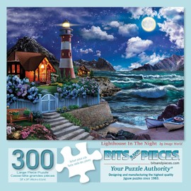 Bits and Pieces - 300 Piece Jigsaw Puzzle for Adults - 18" x 24" - Lighthouse in The Night - 300 pc Large Piece Colorful Ocean Jigsaw by Image World