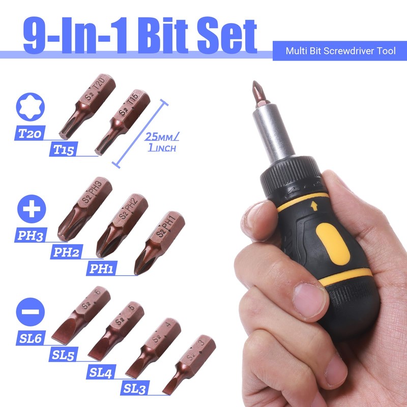 FyMosem 9-in-1 Ratchet Multi Screwdriver, Stubby Ratcheting Screwdriver Mini Multi-Bit