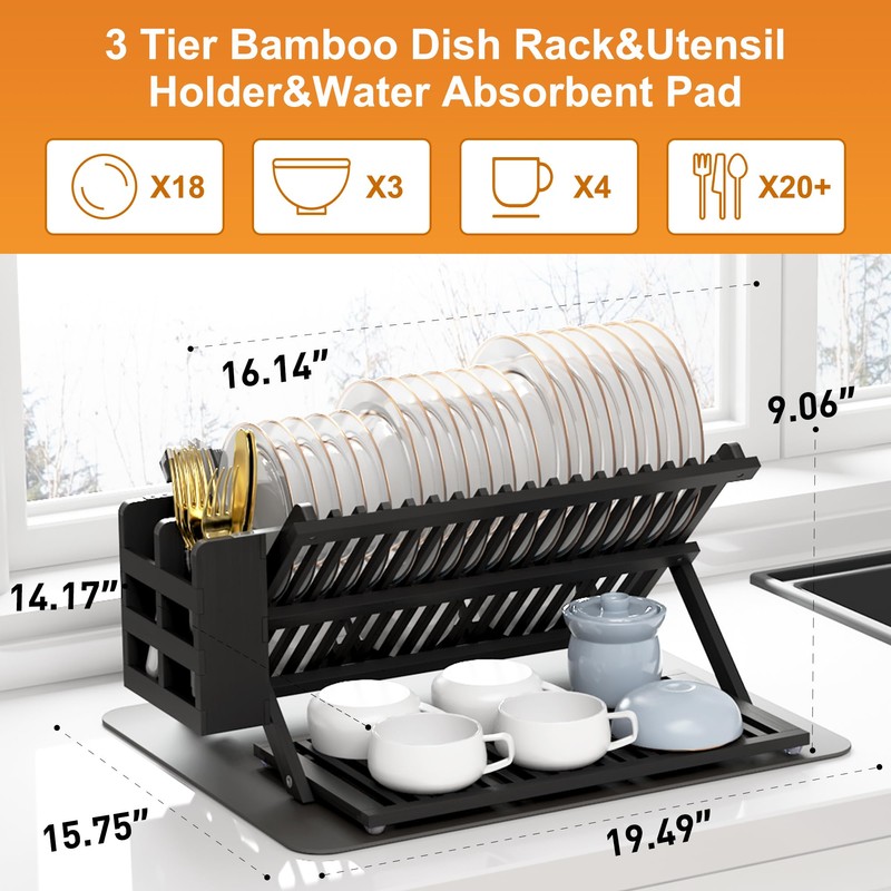 Greenual Black Bamboo Dish Drying Rack with Utensil Holder, 3