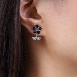 Atentuyi Black Flower Stud Earrings Silver Tiny Cz Leaf Earrings Small Crystal Earrings Cute Earrings Vintage Floral Earrings Jewelry for Women and Girls