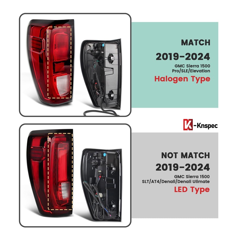 KNSPEC Halogen Tail Light Assembly Compatible with 2019-2025 Sierra 1500/2500