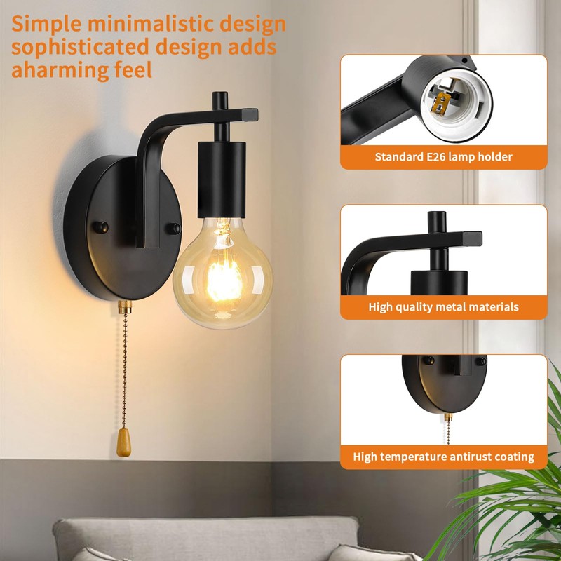 Glighone Vintage Pull Chain Wall Lights Set of Two with