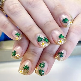 24Pcs St. Patrick's Day Fake Nails French Tip Press on Nails Short Square False Nails Green Shamrock Acrylic Nails Glitter Gold Nail Tip Four Leaf Clover Artificial Glue on Nails Flower Stick on Nails