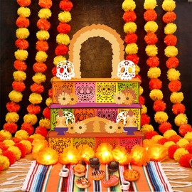 Karenhi 42 Pcs Dia De Los Muertos Decoration Kit Mexican Day of The Dead Muertos Ofrenda Altar Wooden Shadow Box with Marigold String Lights Marigold Garland Towel for Diwali Decoration Home Decor
