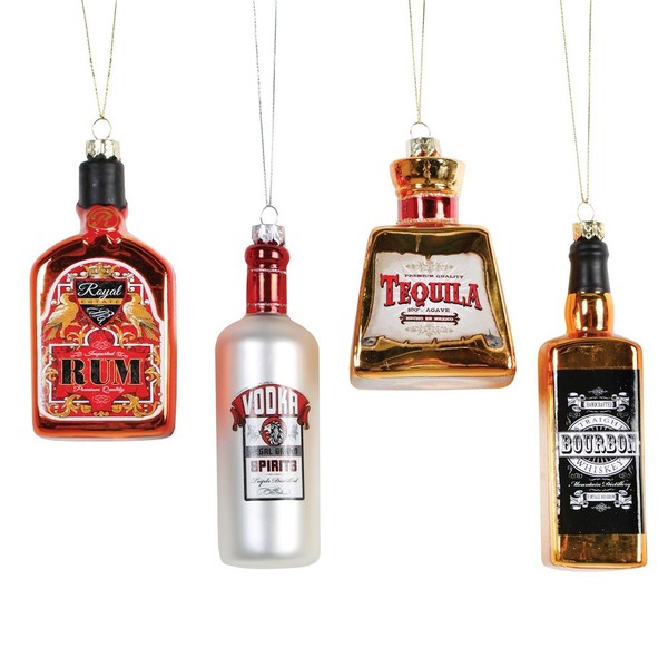 Kurt Adler Glass Bottle of Alcohol Ornament - 4 Assorted: Vodka, Whiskey, Tequila and Rum