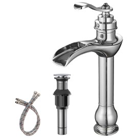 BWE Chrome Vessel Sink Faucet Waterfall with Pop Up Drain Assembly and Supply Hose Single-Handle Single Hole Bathroom Faucet Lavatory Mixer Tap Tall Body