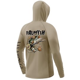 Palmyth Fishing Shirts for Men Long Sleeve UPF 50+ Sun Protection Fishing Hoodie with UV Vented Neck Gaiter Khaki Bass Bass L