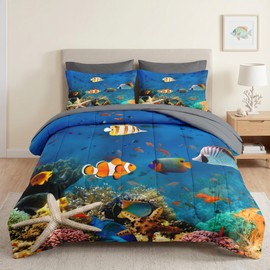 Queen Comforter Set with Sheets, 7 Pieces Underwater Sea Bedding