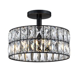 Crystal Farmhouse Drum Semi Flush Mount Close to Ceiling Lamp Fixture,for Living Room Dining Room Bedroom Kitchen Island Hallway (Black Finish, 10" Semi Flush Mount)