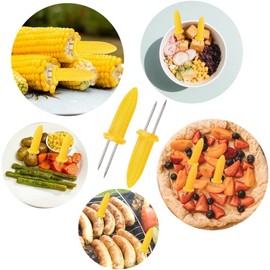 12pc yellow Corn Holders, Stainless Steel Corn Cob Holders Corn On The Cob For Double Fork Sweet Corn Seat, Home & BBQ Cooking Fork