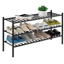 ROMGUAR CRAFT 3-Tier Bamboo Long Shoe Rack, Free Standing Wood Shoe Shelf Storage Organizer for Closet Entryway Stackable 35"x11"x20" (Black)