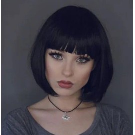 Peluca Bob Recta Lisa Con Flequillo Estilo Clasico Chic Negro M