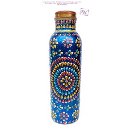 Set of 2 Pure Copper Hand Painted Water Bottle Ayurveda Health Home Kitchen Sports Daily Use Big Blue