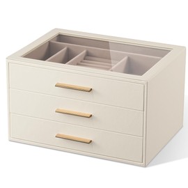 pickpiff Jewelry Box Organizer Case for Women: 3-Layer Jewelry Storage Case with Glass Window, Ivory Leather with Pink Velvet, Holder for Ring Necklace Bracelet Brooch Watch, Great Gift for Her