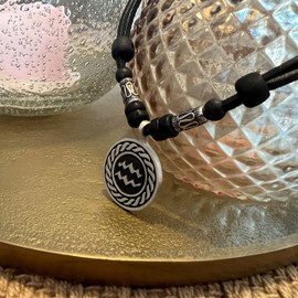 Hana Lima 1 of 12 Zodiac signs on adjustable leather necklace with stainless steel beads, horoscope surfer necklace, Stainless Steel