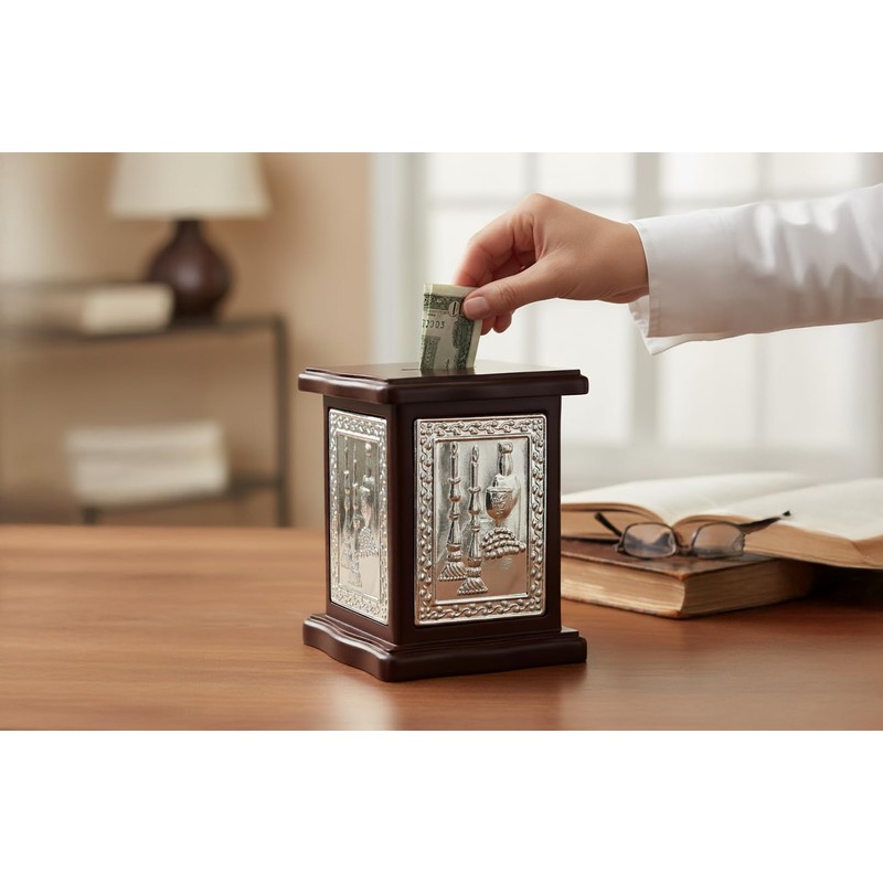 Wood & Silver Plated Tzedakah Box/Charity Box Designed with Shabbat