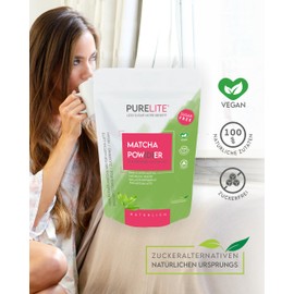 PURELITE Matcha Pulver 200g, vegan ohne Zucker mit Erythrit & Stevia, grüner japanischer Tee, ideal für Latte Tea und Smoothies Getränk, mit Koffein, guter Zucker- oder Kaffeeersatz, Antioxidatien