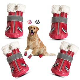 Dodxoy Dog Boots, Puppy Winter Shoes Pet Waterproof Paw Protectors with Reflective Strips Rugged Anti-Slip Sole for Snow/Ice Pavement (Red, #5)
