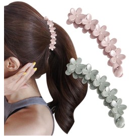Herbeluemily HM-0163-R03-E Banana Clip, Hair Ornament, Hair Clip, Flower, Dull Color, E, Pink + Green