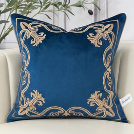 Aeckself European Floral Pillow Cover 18x18 Inch, Luxury Velvet Embroidered Decorative Throw Pillow Cover for Couch Bedroom Living Room, Navy Blue and Gold, Yw-OBYG-Blue4545