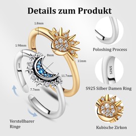 Sun Moon Rings Set, Adjustable Gold Silver Friendship Rings Women Dupes Sun Gold Rings and Moon Silver Rings Open Promise Matching Rings for Gifts for Women Valentine's Day, Silver